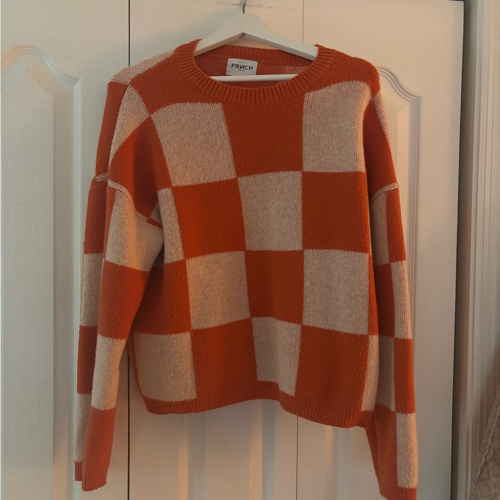 FRNCH Orange & Cream Checkered Sweater